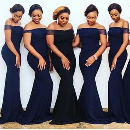 2021 Elegant Simple Sexy Dark Navy Off Shoulder Mermaid Bridesmaid Dresses Long Plus Size Wedding Guest Party Gowns Satin Sweep Train African Maid Of Honour Dress