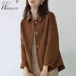 Spring Autumn Fashion Brown Wool Coats Women Korean Style OL Basic Short Jackets Female Casual Solid Color Turndown Overcoats 211118