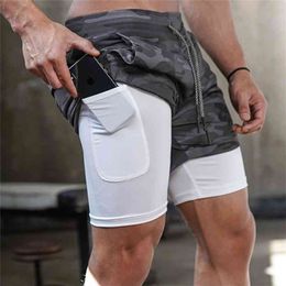 Camo Running Shorts Men 2 In 1 Double-deck Quick Dry GYM Sport Fitness Jogging Workout Sports Short Pants 210721