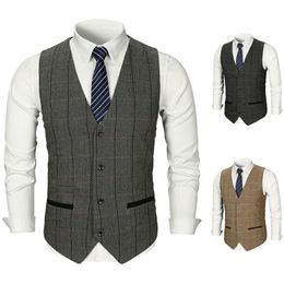 Men Vest Suit Brown Tweed Vest Slim Fit British Style Cotton Sing Breasted Plaid Wedding Dress Waistcoat Suit