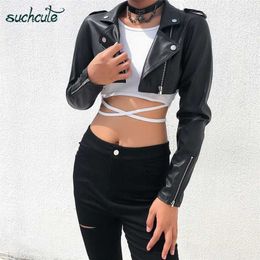 SUCHCUTE PU Leather Coats For Women Jacket With Zipper Casaco Feminino Korean Style Modis Black Autumn Harajuku Coat Female 211014