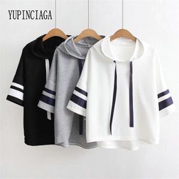 YUPINCIAGA Women Webbing Short Sleeves Loose Solid Colour Hooded Striped Sleeves Lace-up Pullover T-shirt New Summer T shirt 210302