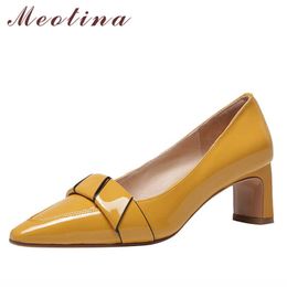 Meotina Natural Genuine Leather High Heel Shoes Women Block Heels Pumps Dress Slip On Pointed Toe Female Footwear Spring Yellow 210608