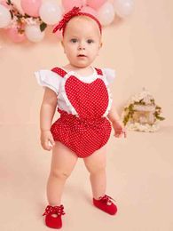 Baby Polka Dot Criss Cross Eyelet Embroidery Paperbag Waist Bodysuit With Headband Without Top SHE