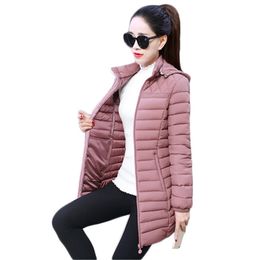 Pink Hooded Light Thin Down Cotton Jacket Women Spring Autumn Korean Fashion Slim Long M-5XL Plus Size Black Coat LR738 210531