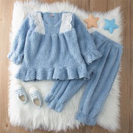 Conjuntos de roupas 2021 meninas primavera pijama de duas peças, renda infantil Ruffled cor sólida pulôver elástico calças de banda elástica