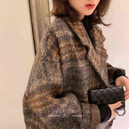 Bella Winter Korean Overcoat Women Vintage Woollen Loose Coats female Double Breasted Turn-down Collar Overcoat 211103