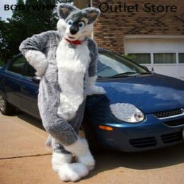 Mascot CostumesLong Gray Husky Fox Dog Mascot Costume Halloween Furry Suits Party Game Fursuit Cartoon Dress Outfits Carnival Xmas Ad