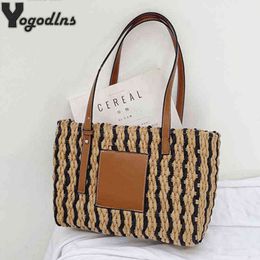 Shopping Bags Summer Fashion Women Handbags Purse Bucket Beach Female Straw Woven Shoulder Bohemian Travel Wicker Pack Bolso Mujer220307