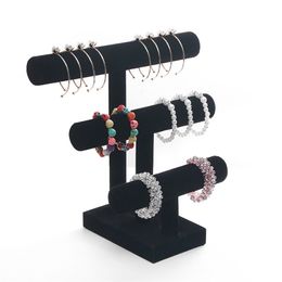 3 Tier Black Velvet Detachable Bracelet Chain Watch T-Bar Rack Jewelry Organizer Hard Display Stand Holder 211105