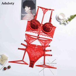NXY sexy set Aduloty Women's Erotic Underwear Underwire Padded Hanging Neck Bra Set Red Temptation Garter Belt Thong Sexy Lingerie Suit 1127