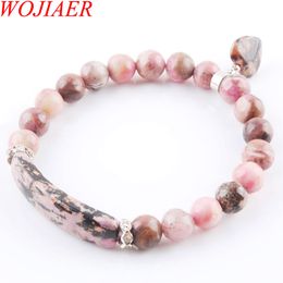 WOJIAER Natural Stone Beads Rhodochrosite Strand Bracelets & Bangles Heart Shape Charm Fitting Women Jewelry Love Gifts K3314