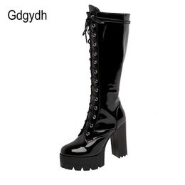Gdgydh Patent Leather White Knee High Boots Lace Up Ladies Platform Boots High Heels Fashion Nightclub Patry Shoes Wholesale Y0905