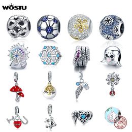 WOSTU Real 925 Sterling Silver 32 Style Charms Zircon Beads Fit Original Bracelet Pendant DIY Necklace Authentic Fashion Jewellery Q0531