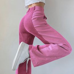 Pantaloni da donna larghi streetwear patchwork velluto a coste rosa pantaloni sportivi dritti vintage alla moda pantaloni a gamba larga a vita alta