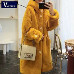 Vangull Women Winter Faux Fur Long Coat Casual Sweet Solid Warm Soft Fur Hooded Jacket Fashion Loose Thicken Plus size Coat 211122
