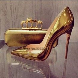 Dress Shoes Gold Metallic Heels Pointy Toe Stiletto Heel Pumps For Office Lady Mirror Shiny Slip On Women
