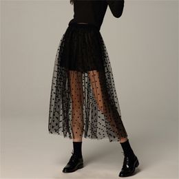 Spring Summer Overskirt Gothic Black Polka Dot Long See Through Mesh Tulle Skirt Vintage Streetwear Elastic Waist Pleated Skirts 210310