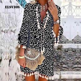 Vintage Daisy Floral Print Mini Dress Spring Summer Casual Loose Beach Dress Lady Elegant V Neck 3/4 Sleeve Tassel Party Dresses X0521