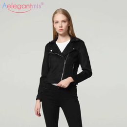 Aelegantmis Fashion Faux Suede Leather Jacket Women Spring Autumn Coats Long Sleeve Outerwear Female Punk Streetwear 210607