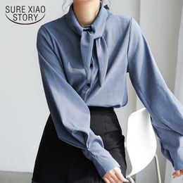 Hong Kong Style Vintage Female Shirts Bow Tie Rabbit Ear Temperament Lantern Sleeve Joker Loose Women Tops and Blouses 6461 50 210528