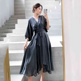 Elegant Summer Dress Satin Smoke Grey Surplice Wrap Knot Half Sleeve High Waist Party Dresses Women Clothes Autumn 210608