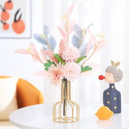 Nordic INS Styles Artificial Silk Flower Arrangement Bouquet With Metal Vase Sets for Living Room Table Decoration Arts Ornament