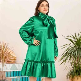 Plus Size 4XL 5XL Green Yellow Party Shiny Dress for Women Big Bowtie Long Lantern Sleeve Ruffles Elegant Dresses OverSize 210527