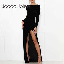 Jocoo Jolee Women Autumn Long Sleeve O Neck Backless Velvet Long Dress Elegant Split Party Dress Female Slim Wrap Dress 210619