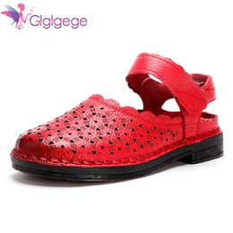 Glglgege 2021 Mother Women's Female Ladies Genuine Leather White Shoes Sandals Hook Loop Summer Hollow Soft Flat sandals