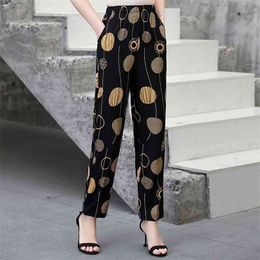 Summer Women Harem Pants Casual High Waist Pencil Printed Elastic Middle Aged Trousers 210925