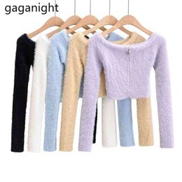 Sexy Women Sweater Long Sleeve Big O Neck Fluzzy Cosy Kardigan Solid Fashon Office Lady Cropped Sweaters Slim Korean 210601