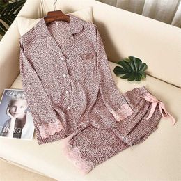 Lisacmvpnel Leopard Print Women Pajama Set Ice Silk Soft Touch Long Sleeve Suit Pyjamas 211112