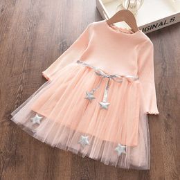Five-Pointed Star Princess Dress Autumn Spring Knitting Mesh Baby Girls Dress Long Sleeve Birthday Clothing Vestido With Sashes Q0716