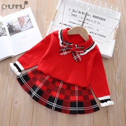 New Girls' Sweater Clothes Set College Style Knitted Sweater + Pleated Skirt 2Pcs Suit Girls' Baby Autumn Winter Casual Set X0902