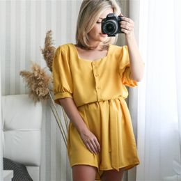 Korean Style Large Size Casual Summer Square Neck Short Sleeve Women's Suit Loose + High Waist Shorts 210721
