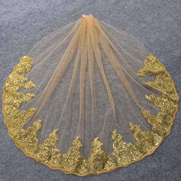 Gold Wedding Veil Short Veil with Partial Lace Bling Sequins Gold Colour Lace Bridal Veil with Comb Wedding Accessories X0726