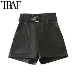 TRAF Women Chic Fashion With Belt Faux Leather Shorts Vitnage High Waist Zipper Fly Pockets Female Short Pants Mujer 210317