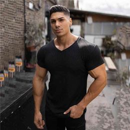 Summer Men's Fashion T-shirt Knitting V-Neck Slim Fit Tee Shirt Mens Short Sleeve Pullovers Tshirts Men Fitness Knittwear 210706