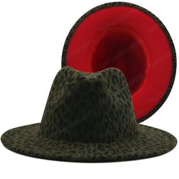 Wide Brim Army Green Leopard Red Bottom Fedora Ladies Wool Felt Hat Women Men Party Trilby Jazz Church Hats Patchwork Panama Cap