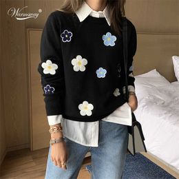 Coreano Floral Emobroidery pulôver camisola de alta qualidade mulheres elegante o pescoço de malha tops C-089 211007