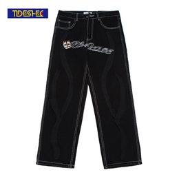 casual pants men's Retro skull letter embroidery Gothic jeans fashion loose straight wide leg 220308