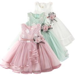 Lace Appliques Flower Dress Kids Girls Clothing Toddler Grils Birthday Party Girls Dress 2-6 Years Children Casual Clothes Q0716