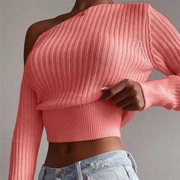 Crop Top One-shoulder Women's Sweaters Sexy Ribbed Knitted Female Tops Winter Spring Solid Fashion Ladies Sweater 211011