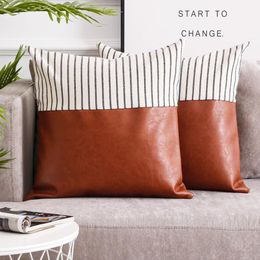Topfinel Brown PU Leather Cushion Covers Linen Stripe Decorative Throw Pillow Case For Sofa Bed Car Seat Home Pillow Cover 45x45 210315