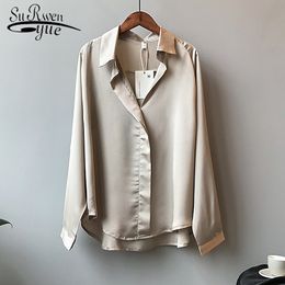 Spring Autumn New Korean Fashion Clothing Satin Blouse Vintage Femme V-Neck Street Shirts Elegant Imitation Silk Blouse Top 210226