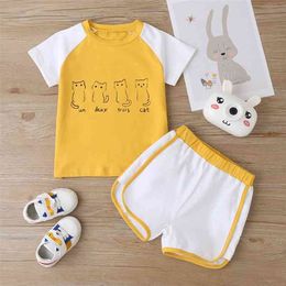 Summer Children Sets Casual Short Sleeve O Neck Print Cat T-shirt Patchwork White Shorts 2Pcs Girl Boys Clothes 18M-6T 210629