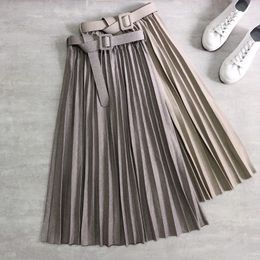 New Autumn Winter korean High Waist Skirt Woolen with belt Pleated Skirt Thickened Woolen Herringbone A- line Skirt women 210303