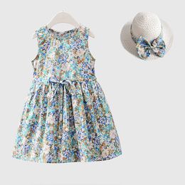 Girls Dress+Hat 2PCS Girls Clothing sets Kids Clothes Girls 2021 Summer Cotton Dress Floral Girls' Sleeveless Dress For Children Q0716