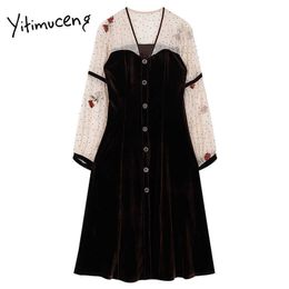 Yitimuceng Patchwork Button Vintage Dress Women A-Line Black Spring V-Neck Long Sleeve High Waist Clothing Office Lady 210601